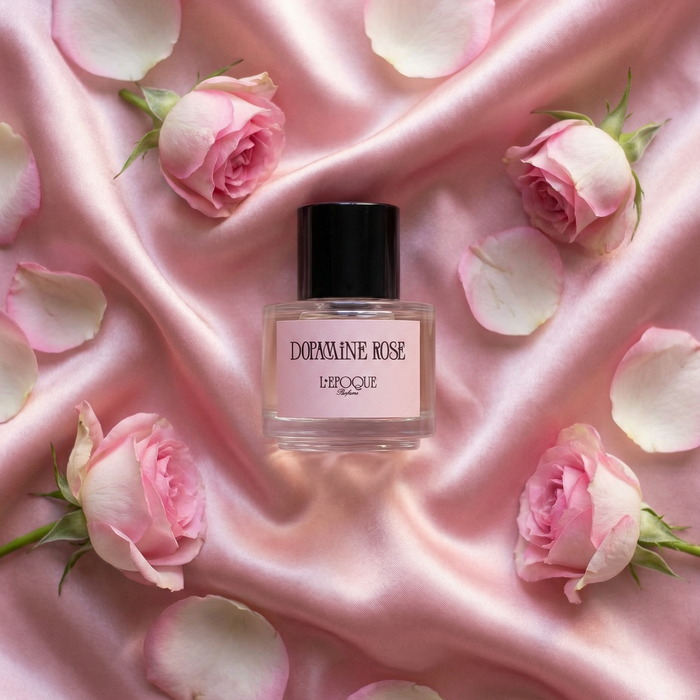 Perfume bottle labeled 'Dopamine Rose' surrounded by pink roses and petals on a pink satin background