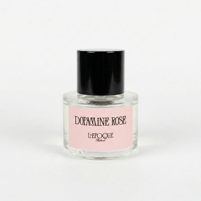 Perfume bottle labeled 'Dopamine Rose' by L'Epoque on a white background