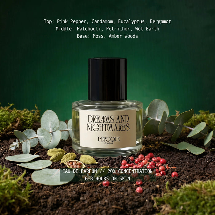 Dreams and Nightmares eau de parfum by L'Epoque resting on dark soil with eucalyptus, cardamom pods, pink peppercorns, and moss against a deep green background