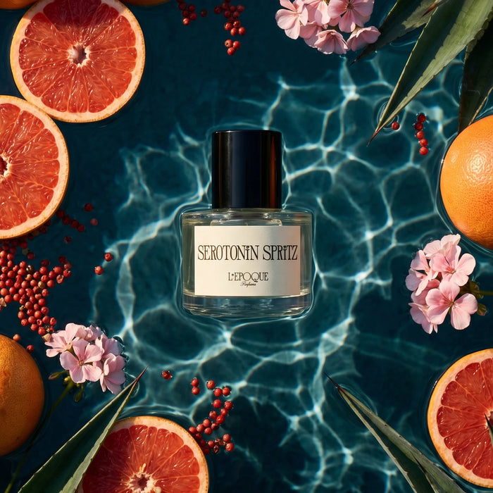 Serotonin Spritz Eau de Parfum by L'Epoque — bottle floating in sunlit blue water surrounded by grapefruit slices, pink peppercorns, and geranium blooms, the fragrance's top and heart notes