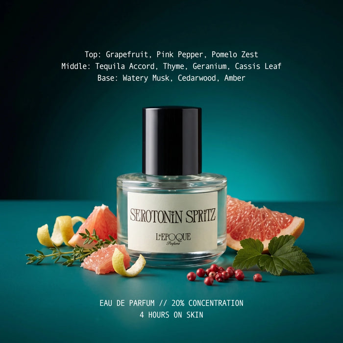 Serotonin Spritz Eau de Parfum 20% concentration by L'Epoque Parfums — glass bottle on a teal background surrounded by grapefruit, thyme, cassis leaf, and pink peppercorns, with fragrance notes listed: top notes of grapefruit, pink pepper, and pomelo zest; middle notes of tequila accord, thyme, geranium, and cassis leaf; base notes of watery musk, cedarwood, and amber.