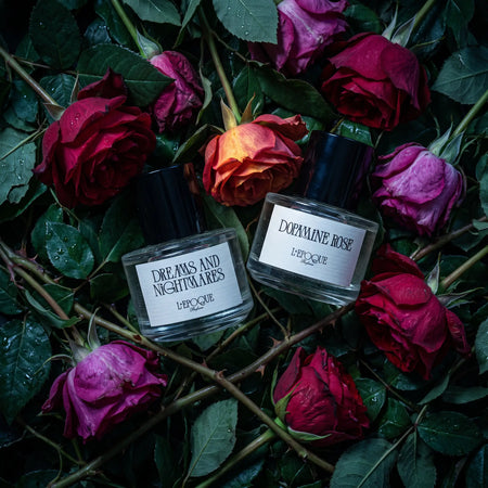 L'Epoque Parfums The Haunted Rose Garden duo — Dreams and Nightmares and Dopamine Rose bottles among dark red and purple roses