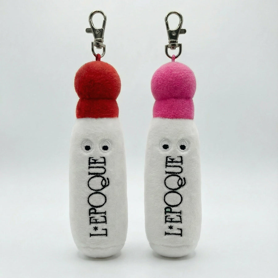 L'Epoque Silly Sample Bag Charm plush perfume bottle keychain in pink and red